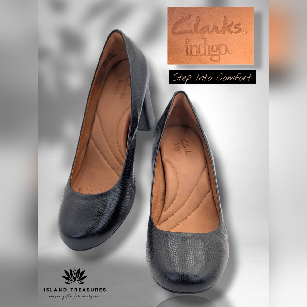 Clarks Indigo Loyal Sole Women's Sz 11M Cushioned Black Leather Block Heel Pumps